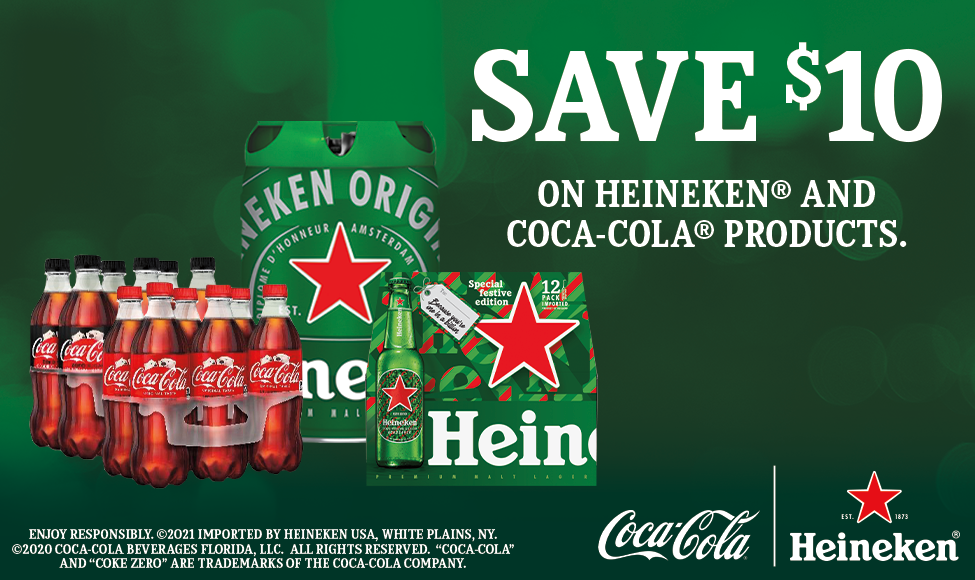 VIEW ON MOBILE ONLY - Purchase of ONE (1) 12-pack or 5L keg of Heineken® Original, Heineken® Light, Heineken® 0.0 AND TWO (2) 6-packs (.5L) of Coca-Cola